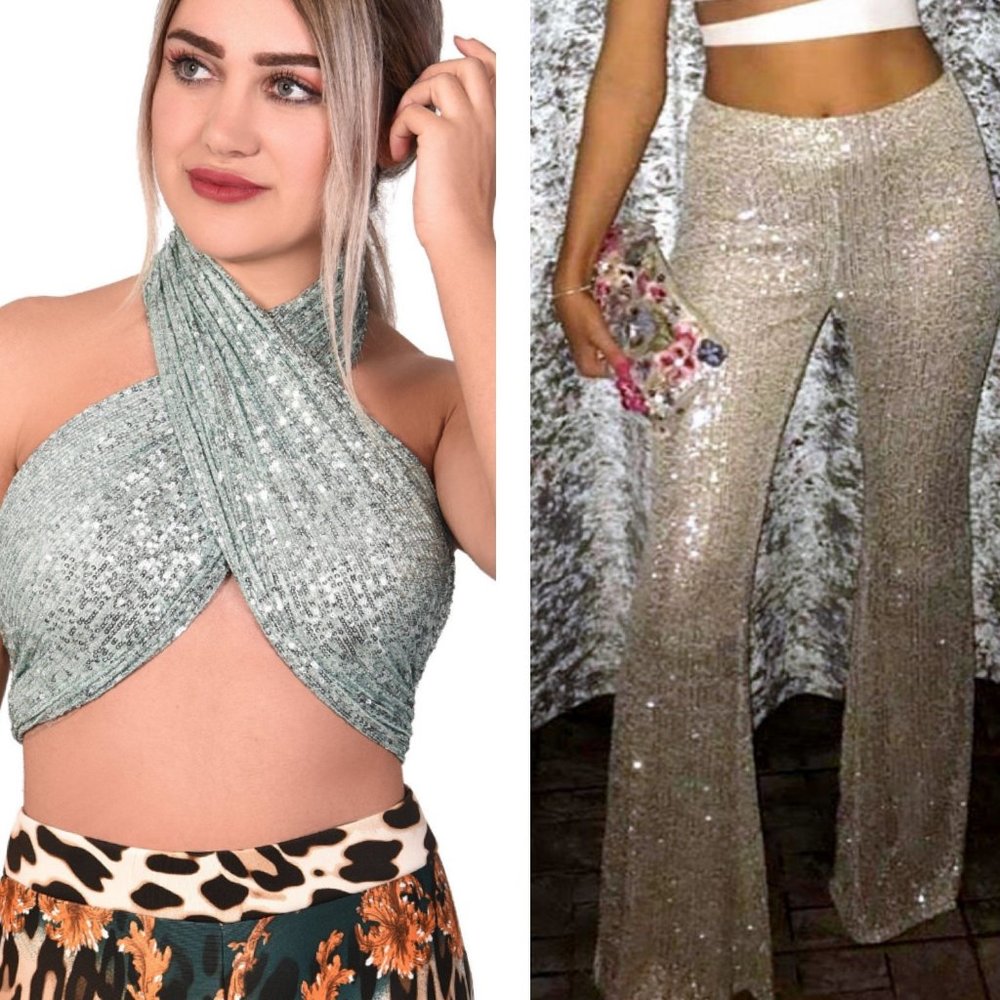 Custom bellbottoms and top disco bachelorette set
